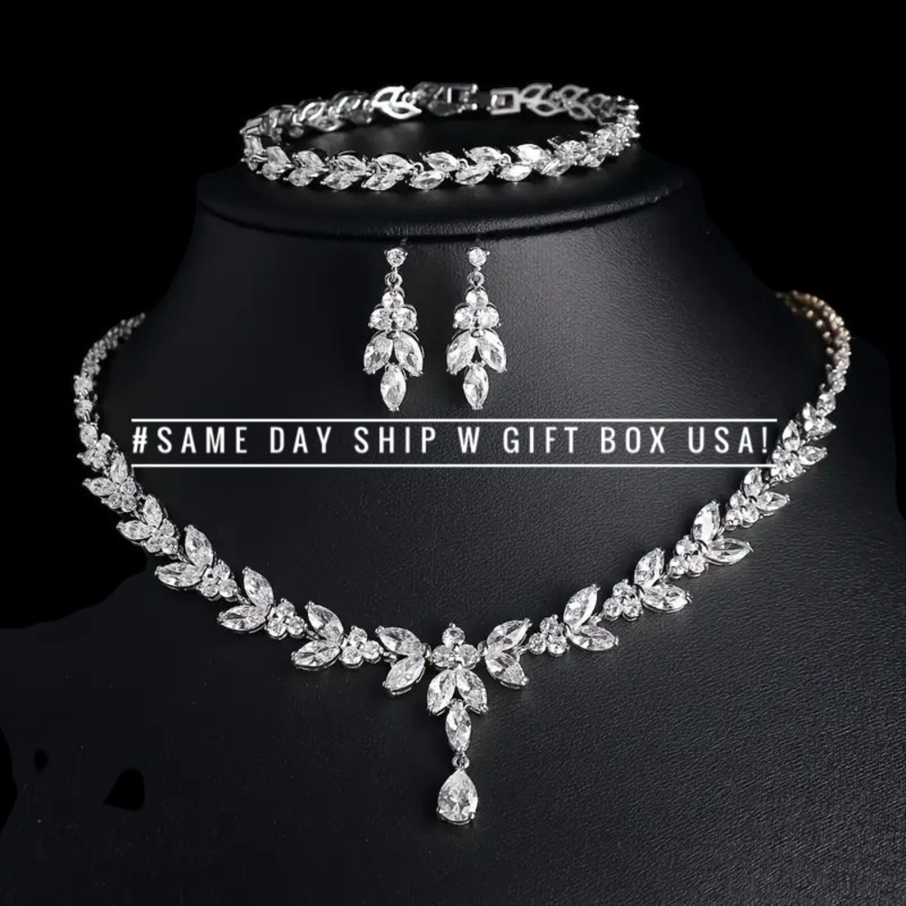 Silver Crystal Necklace Earrings Bracelet Set for Bride Wedding Bridal Jewelry